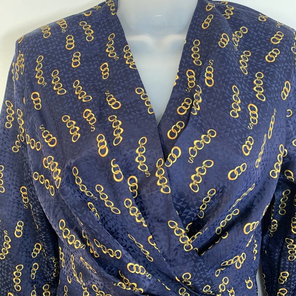 Sandro Milly Dress Chain Link Print Mini Silk Navy Surplice Long Sleeves - Picture 5 of 16